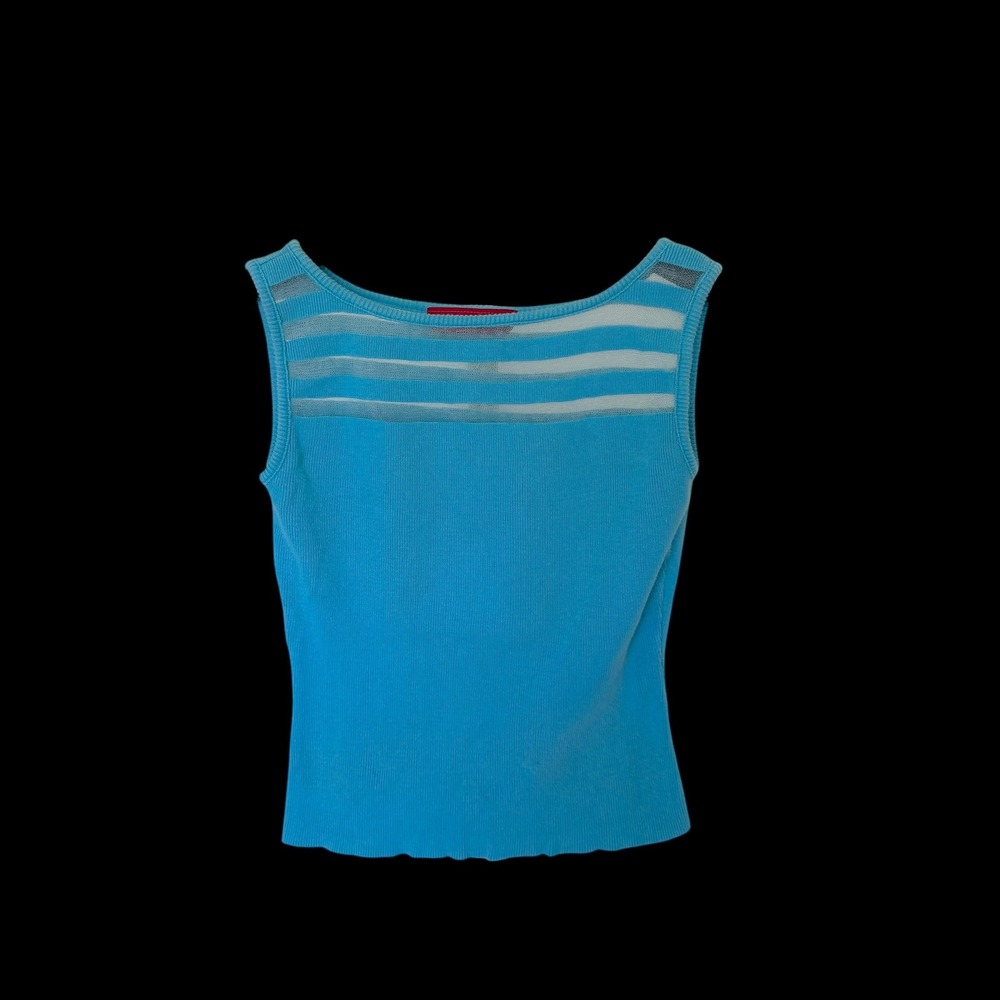 Y2K Necessary Objects Turquoise Ribbed Knit Tank Top Sheer Mesh Striped Panel